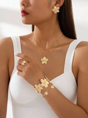 SHEIN Women’s 5-pc Gold Floral Earrings, Necklace, Bangle, Bracelet, & Ring Set